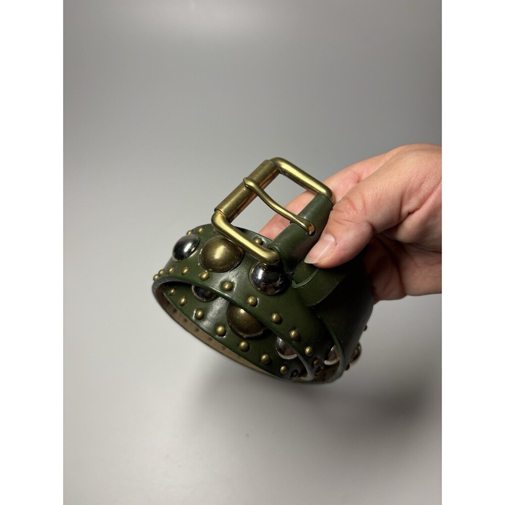 Green Leather Studded Toolled Brass Buckle Belt Size Medium